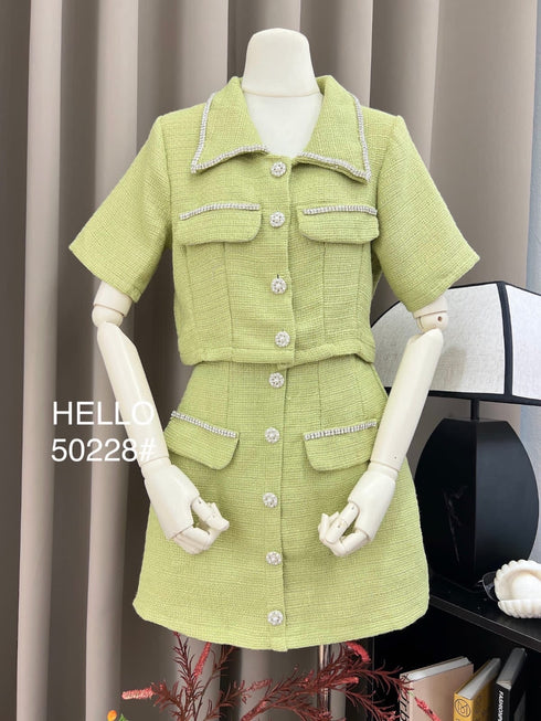 Tweed Co-Ord Sets Rhinestones Decor Crop Top and Skirt